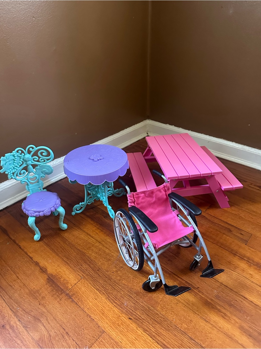 Dollhouse Furniture Set: Wheelchair, Table, and Picnic Bench Toy